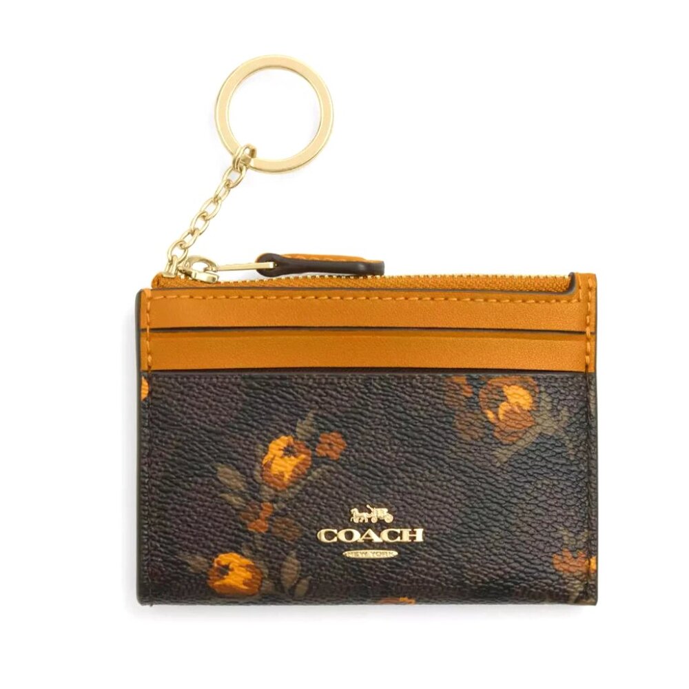 New Coach CCV88 Skinny Id Case in Signature Canvas Floral Print Walnut / Yellow